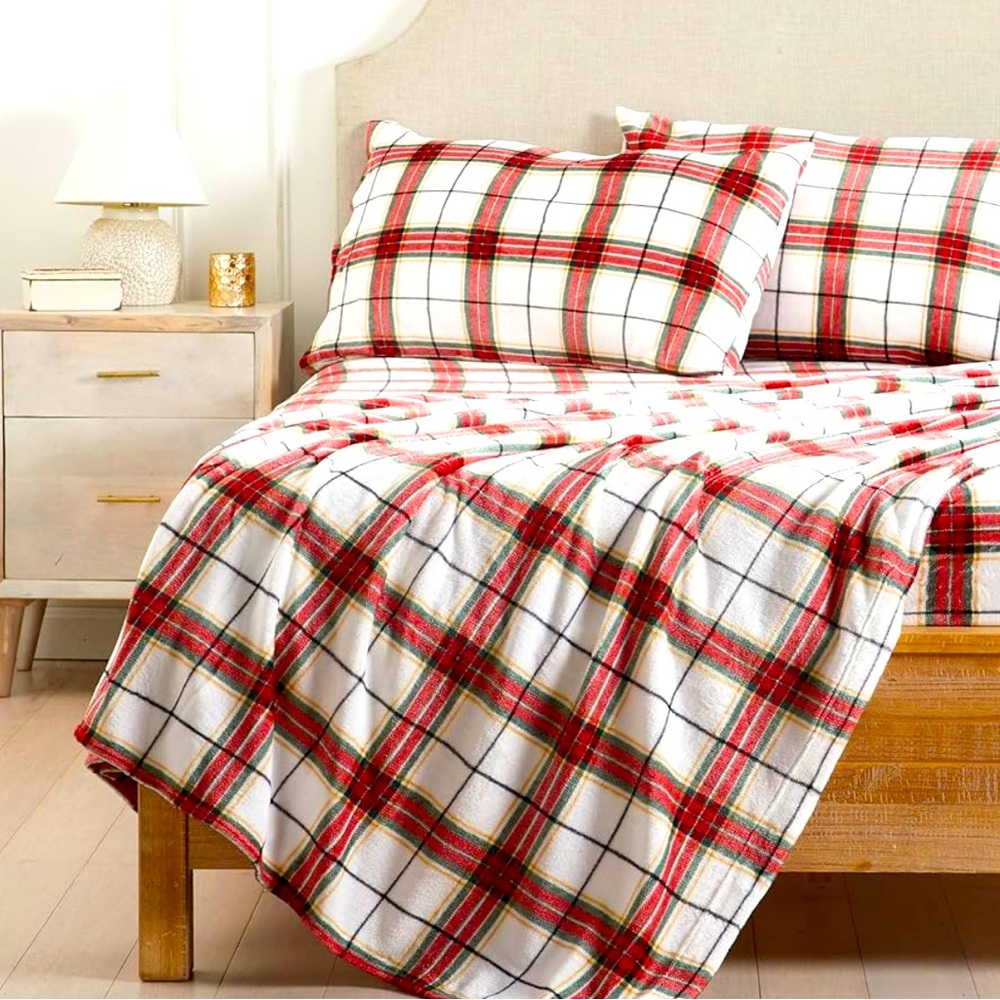 Classic Preppy Crimson Plaid Red, White and Green 3-Piece Sheet Set Twin New!